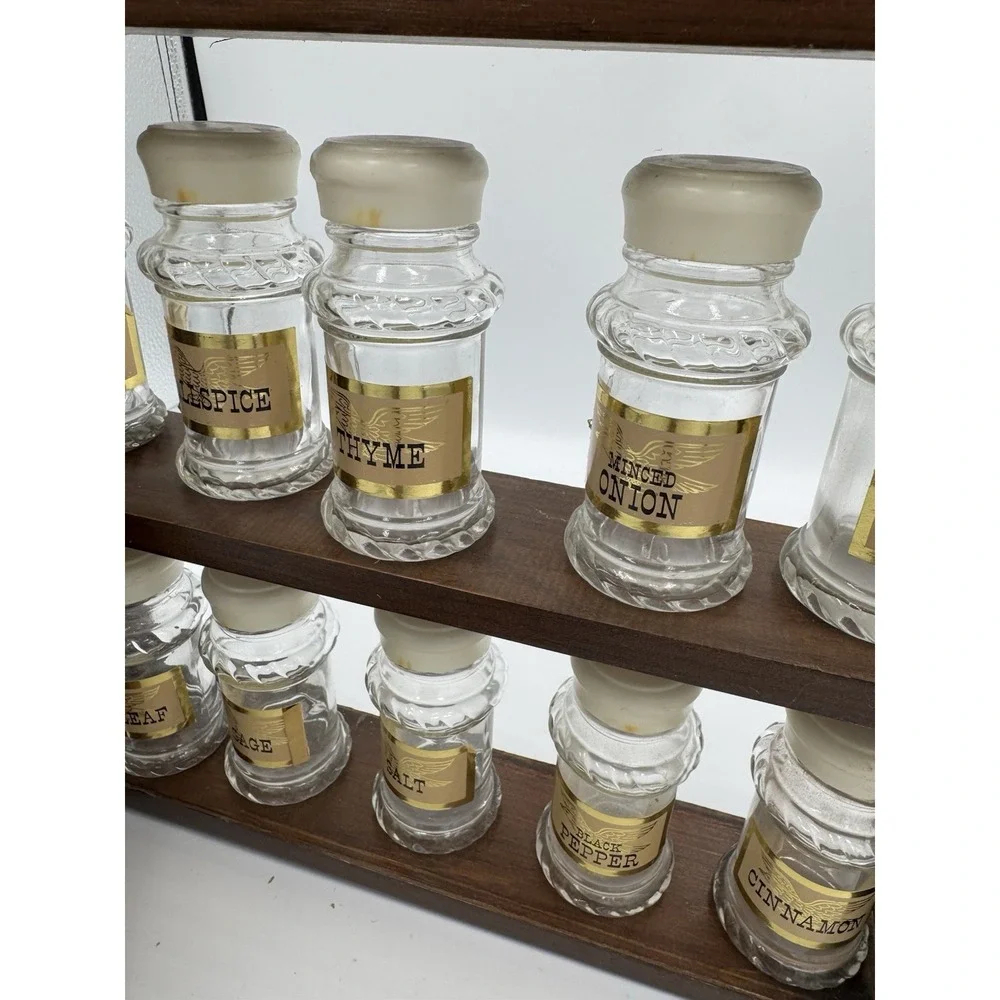 Antique Wood Spice Cabinet Rack w/ 10 Glass Jars & Lids